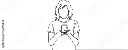  continuous one-line drawing of a young woman looking at smartphone in calm, introverted modern digital moment