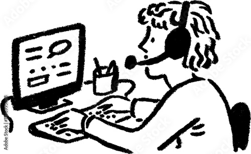 Call center workstation sketch with headset for communication concept design