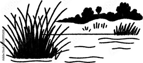 Tranquil lake scene with reeds and distant trees sketch for nature lovers
