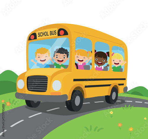 Yellow school bus with happy children riding on countryside winding road vector illustration