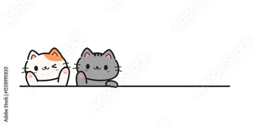 Cute cat waving hand to greeting hand drawn cartoon doodle on white background with copy space