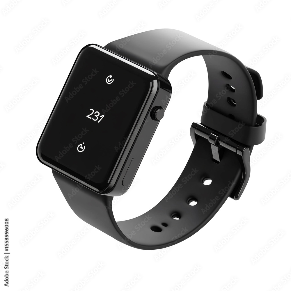 Sleek black smartwatch displaying time and icons on its screen Sleek black smartwatch displaying time and icons on its screen