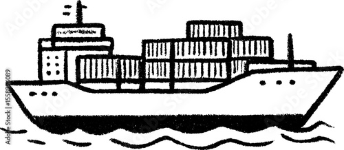 Hand drawn cargo ship on calm sea with containers for nautical design