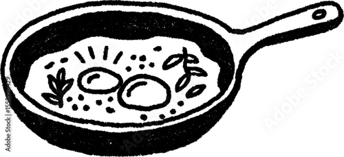 Artistic sketch of cast iron pan with cracked egg and herbs for culinary design
