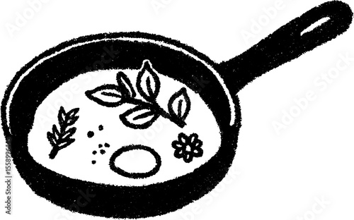 Rustic kitchen art: cast iron pan with egg and herbs