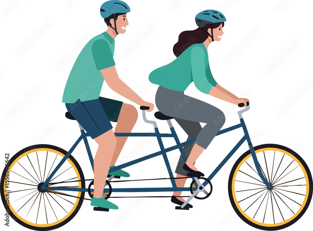 Obraz premium Couple riding tandem bicycle wearing helmets active outdoor cycling exercise healthy lifestyle sport recreation vector illustration