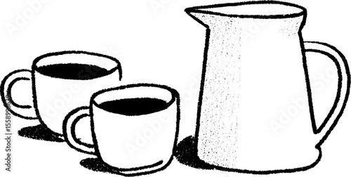 Rustic kitchenware: ceramic jug of milk with twin cups sketch for home decor