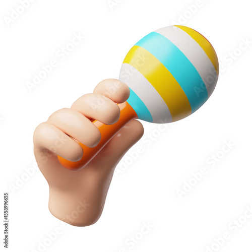 Mexican maracas in hand 3D plastic style vector icon, musical instrument, bright musical rattle, Hispanic rumba shaker