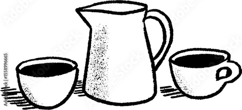 Ceramic jug of milk with two cups – artistic sketch for beverage themes