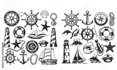 Collection of nautical vector icons featuring a ship, anchor, compass, lighthouse, dolphin, sailboat, fish, wheel, and life preserver