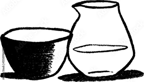 Hand drawn sketch of ceramic sake cup and carafe