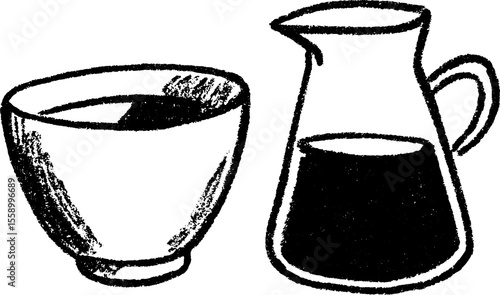 Artistic sketch of ceramic sake cup and carafe with textured brushstrokes for creative designs