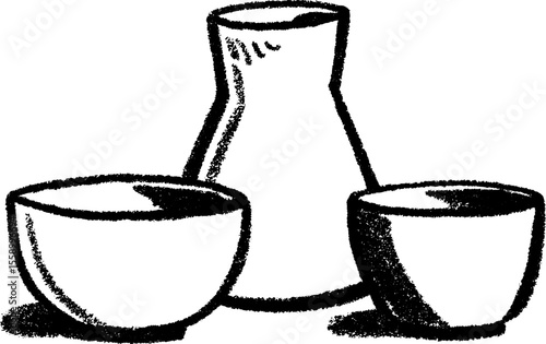 Hand drawn sketch of ceramic sake set with cup and carafe for art design