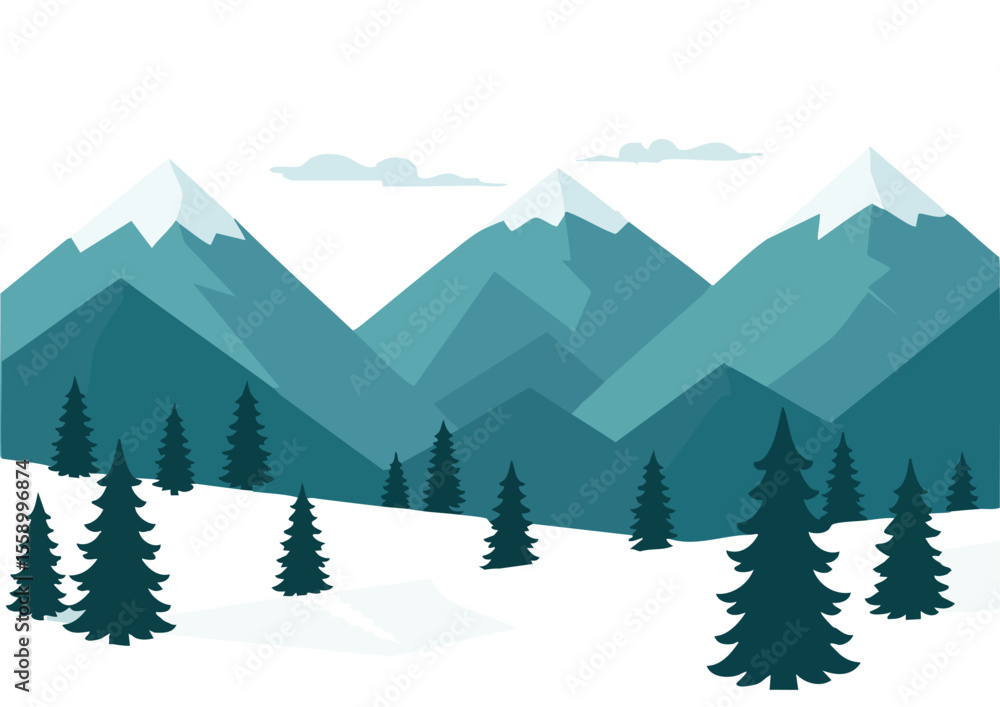 Fototapeta premium Mountain landscape with snow capped peaks and evergreen trees in winter season vector illustration
