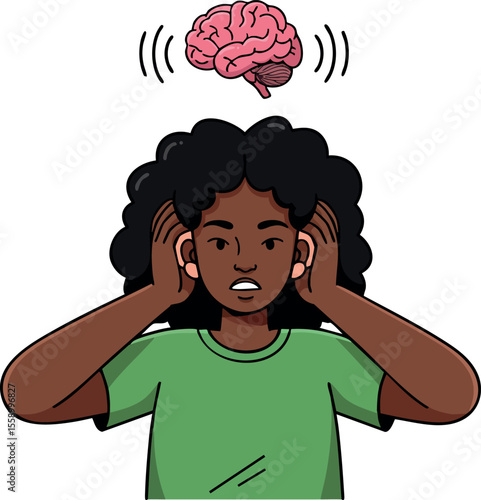 Young person holding ears with stressed expression and floating pink brain symbolizing mental overload and anxiety in green shirt vector illustration