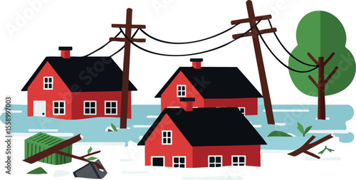 Red houses with broken power lines and fallen tree branches in flooded area vector illustration