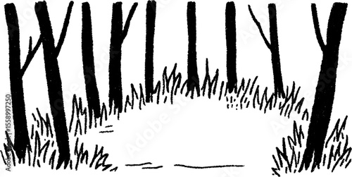 Forest clearing with tall grass sketch - nature art for design