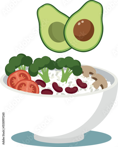 Healthy vegetable bowl with avocado broccoli tomato rice and beans vector illustration for nutritious meal ideas