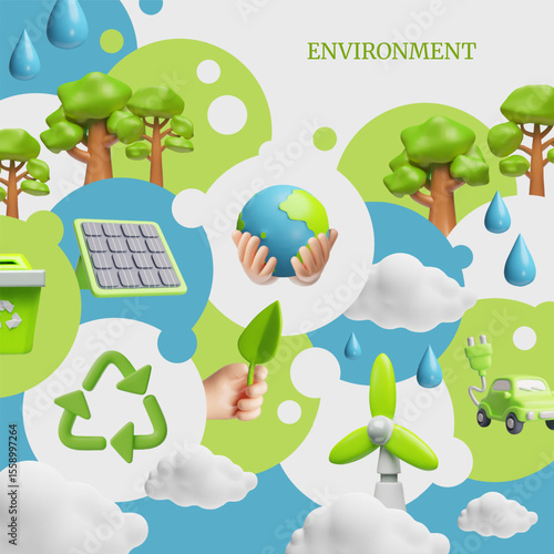 Environment, green energy 3D cartoon style vector poster design, solar panel, electric car, windmill, recycle sign