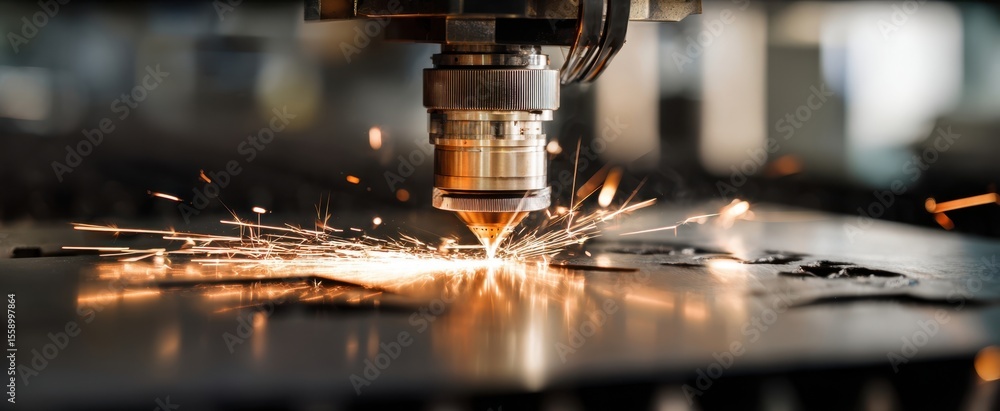 The laser cutting machine generating sparks during metal fabrication process. The laser cutting machine generating sparks during metal fabrication process.