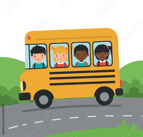 School bus with diverse children smiling inside riding on a road in green landscape vector illustration