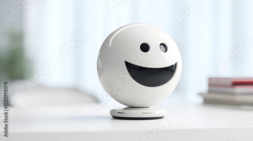 Happy face emoticon on a sphere, sitting on a white table