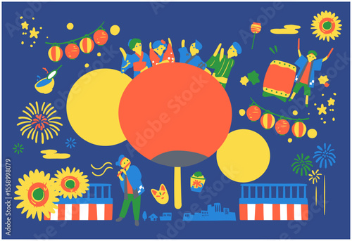 夏祭りの夜の情景イラスト｜浴衣家族・太鼓・花火