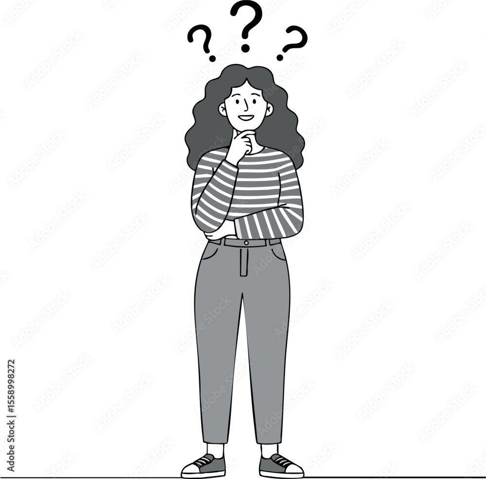 Young woman standing thinking with question marks above head confused and uncertain expression vector illustration Young woman standing thinking with question marks above head confused and uncertain expression vector illustration