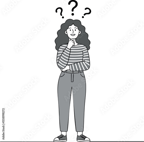 Young woman standing thinking with question marks above head confused and uncertain expression vector illustration