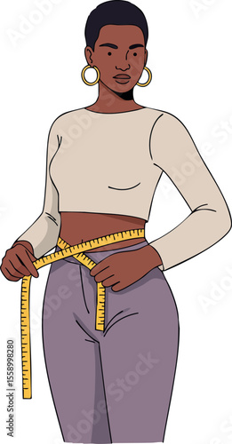 Woman measuring waist with tape measure in casual clothing vector illustration