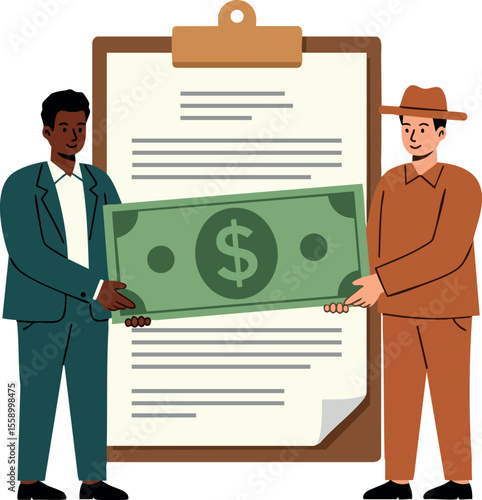 Businessmen exchanging money with contract on clipboard financial transaction concept vector illustration
