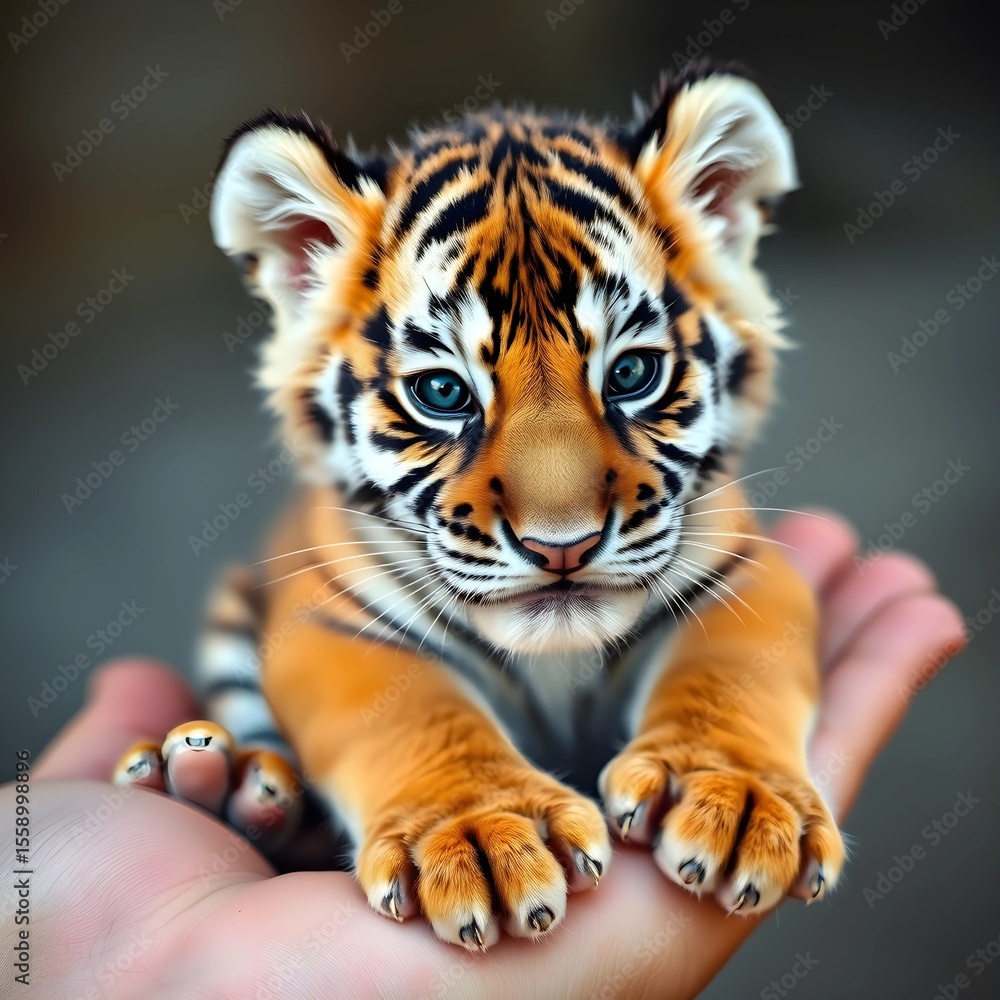 Obraz premium A tiny tiger cub resting peacefully in the palm of a human hand, showing its adorable face and paws