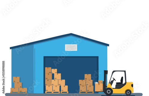 Warehouse storage with forklift loading cardboard boxes in blue industrial building vector illustration
