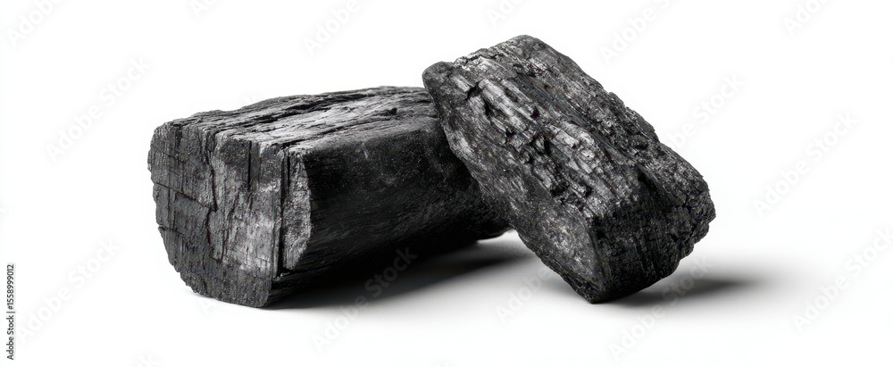 Fototapeta premium The charcoal logs resting on a clean white background showcasing natural texture.