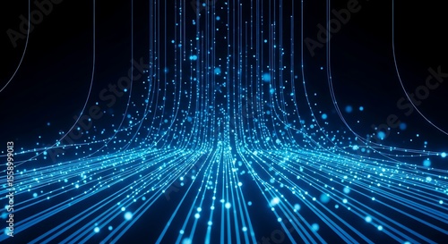 Glowing blue light streams and particles flowing upwards abstract