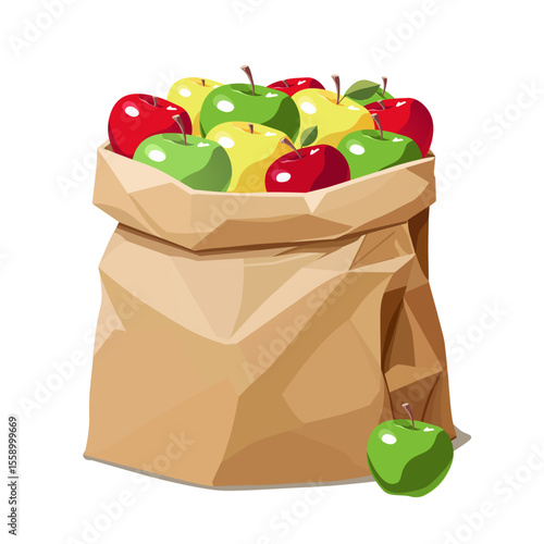 Paper bag full of healthy and juicy red, green and yellow apples isolated on white background. Vector fruit illustration in flat style. Summer clipart for diet design, healthy lifestyle, nutrition