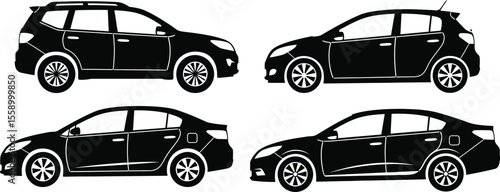 Four different car styles are displayed as black silhouettes isolated on white background