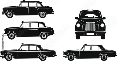 Several black and white illustrations of classic london taxis are presented, showcasing vintage automotive design and urban transportation