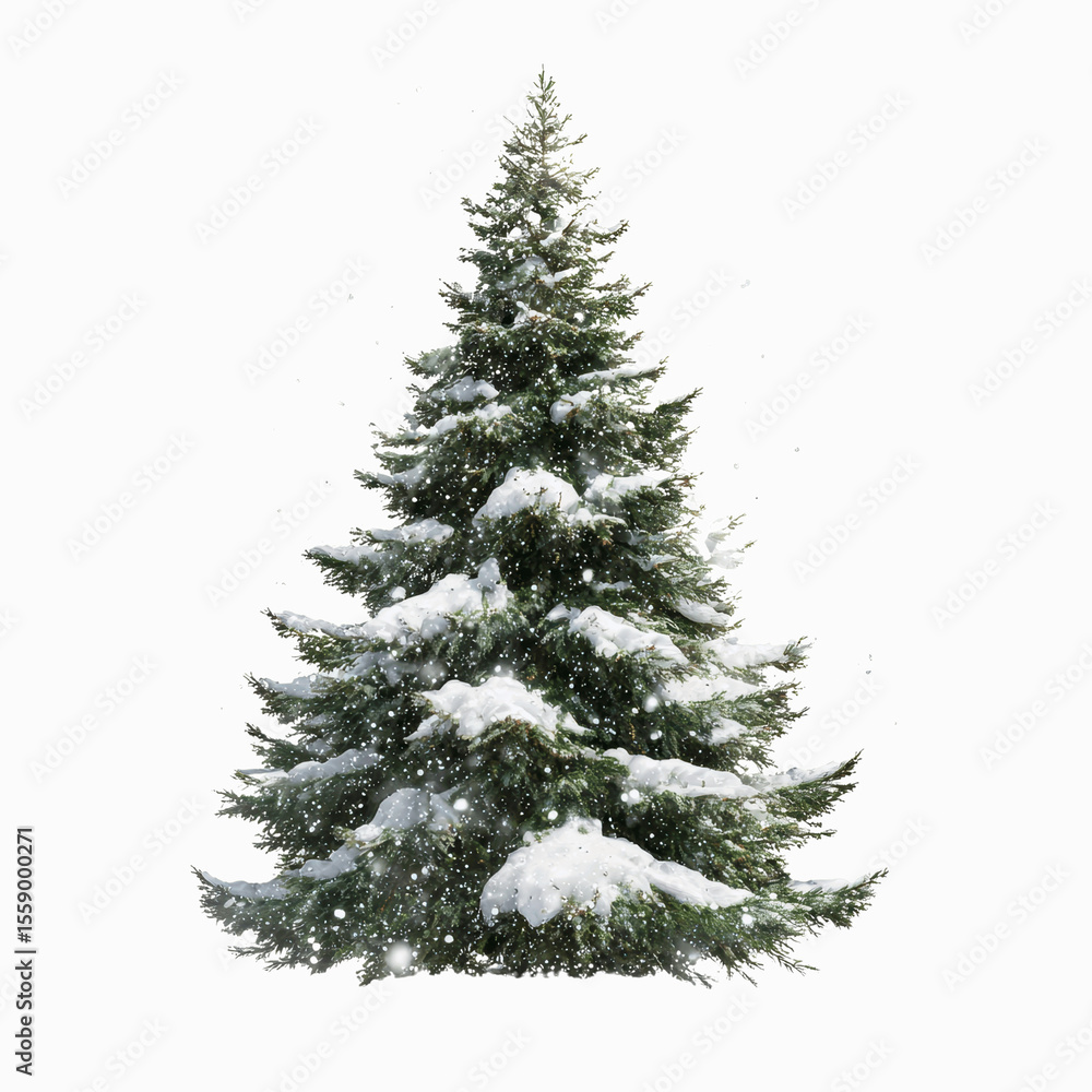 Fototapeta premium Snow-Covered Evergreen Tree with Falling Snowflakes - Winter Holiday Scene