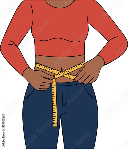 Woman measuring waist with tape measure for fitness and health monitoring in casual clothes vector illustration