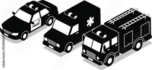 Isometric emergency vehicles including police cars, ambulances, and fire trucks are arranged on a white background