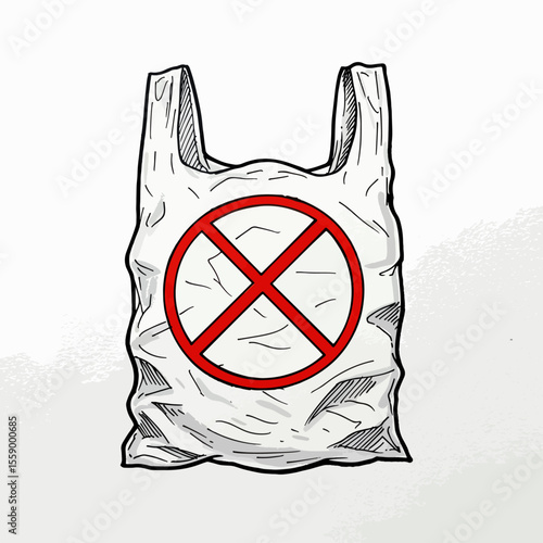 Plastic bag free day concept illustration.  Plastic shopping bag with prohibited sign.  Graphic design for environmental campaign promoting reusable bags.