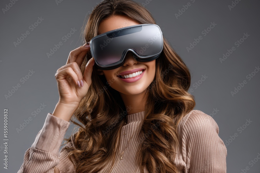 Fototapeta premium Woman wearing virtual reality glasses smiles while exploring digital worlds in a modern studio setting