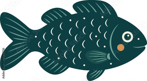 Dark green cartoon fish with simple scales and orange cheek vector illustration design