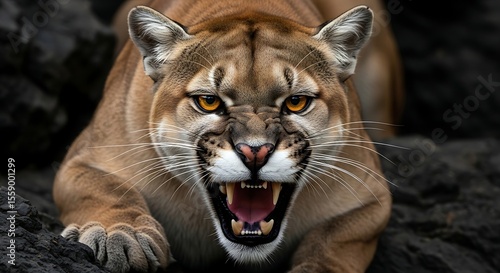 A close-up portrait of a snarling mountain lion, displaying teeth.