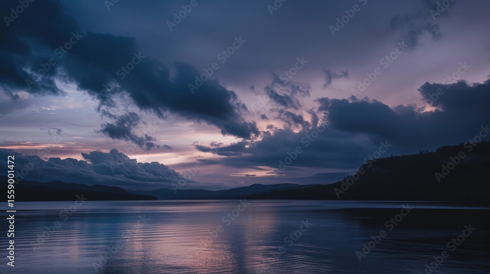 Obraz premium Moody Cloudy Twilight Landscape with Layered Cumulus Clouds and Diffused Sunset Glow, Atmospheric Scenery Featuring Silhouetted Trees and Low-Contrast Color Gradient