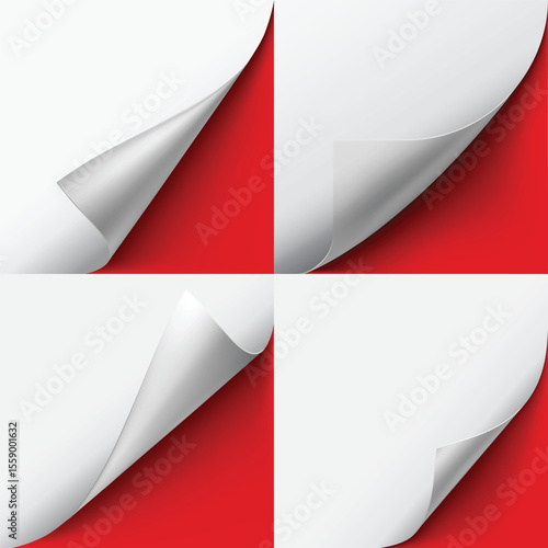 Set of curled corners of white sheet with red background, with realistic shadow.