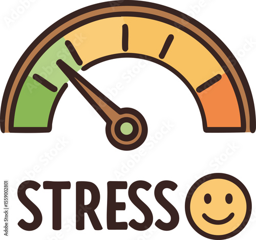 Stress level meter gauge with smiling face icon showing low tension vector illustration