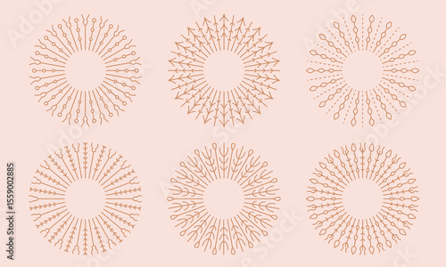 Round floral bohemian sun light, dandelion shapes. Vintage line sunburst, cute boho embroidery, firework vector illustrations