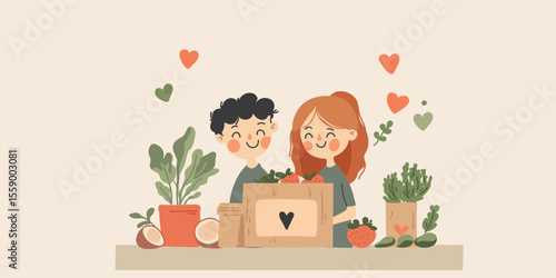 vector illustration happy man and woman unpacking grocery box